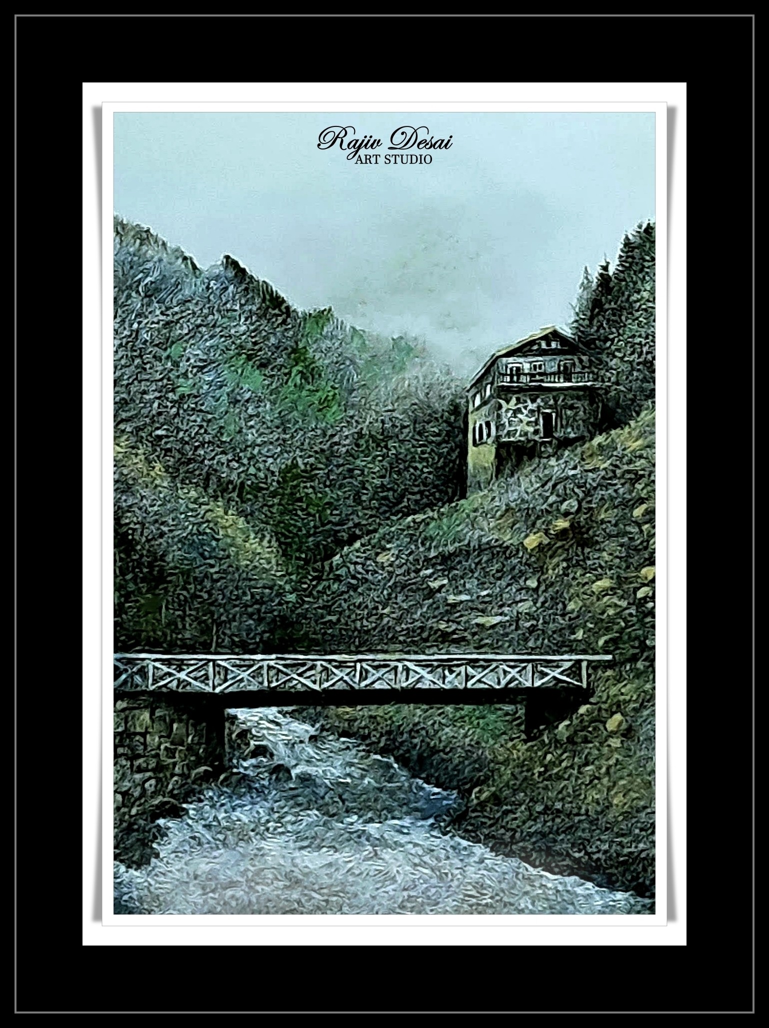 A steady stream at the foot of a hill surrounded by other hills and overseeing house.