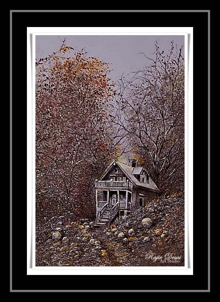 A Wooden house deeply amidst the trees and stones around.