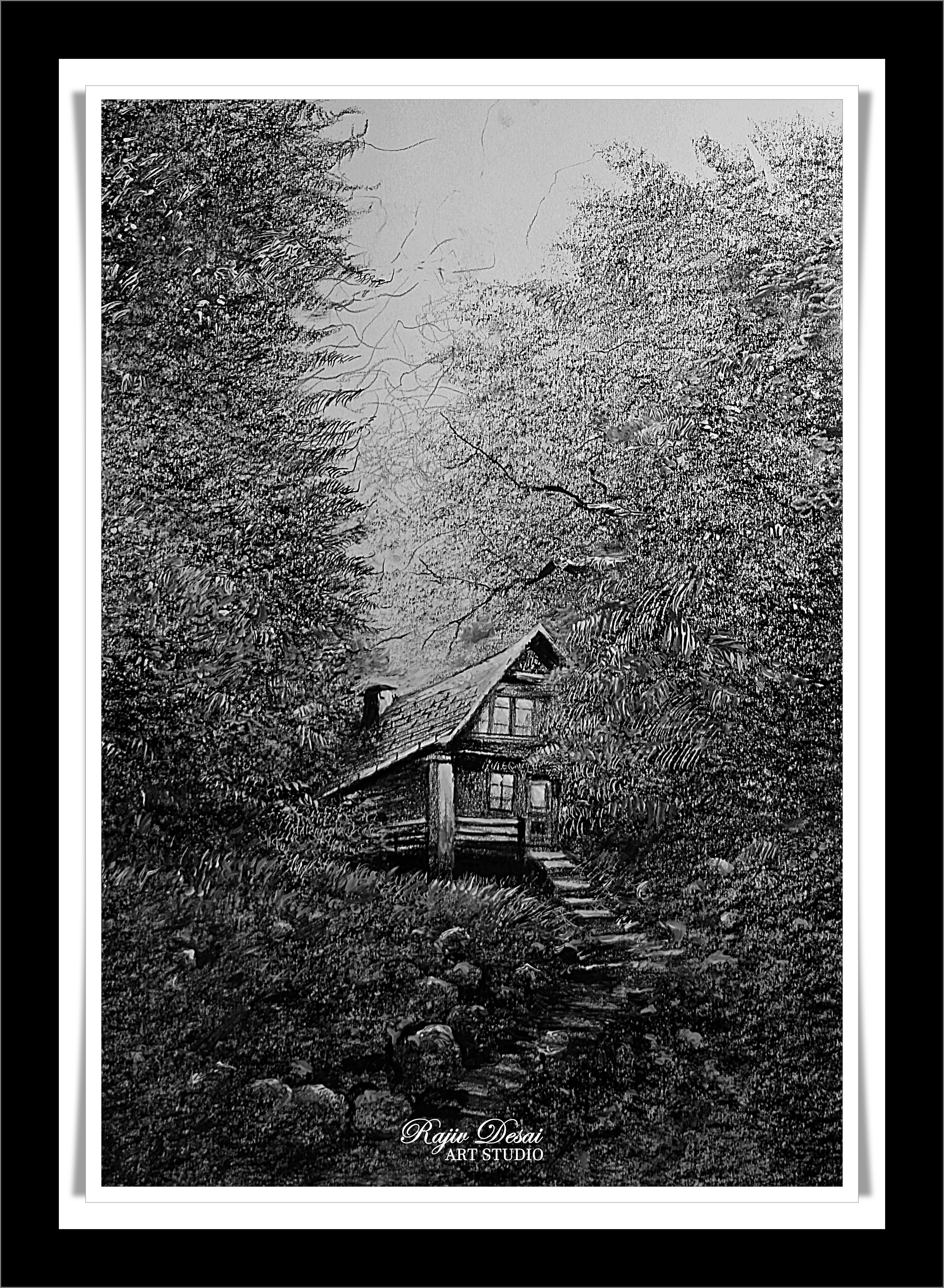 A cottage surrounded by lot of trees, branches and stones