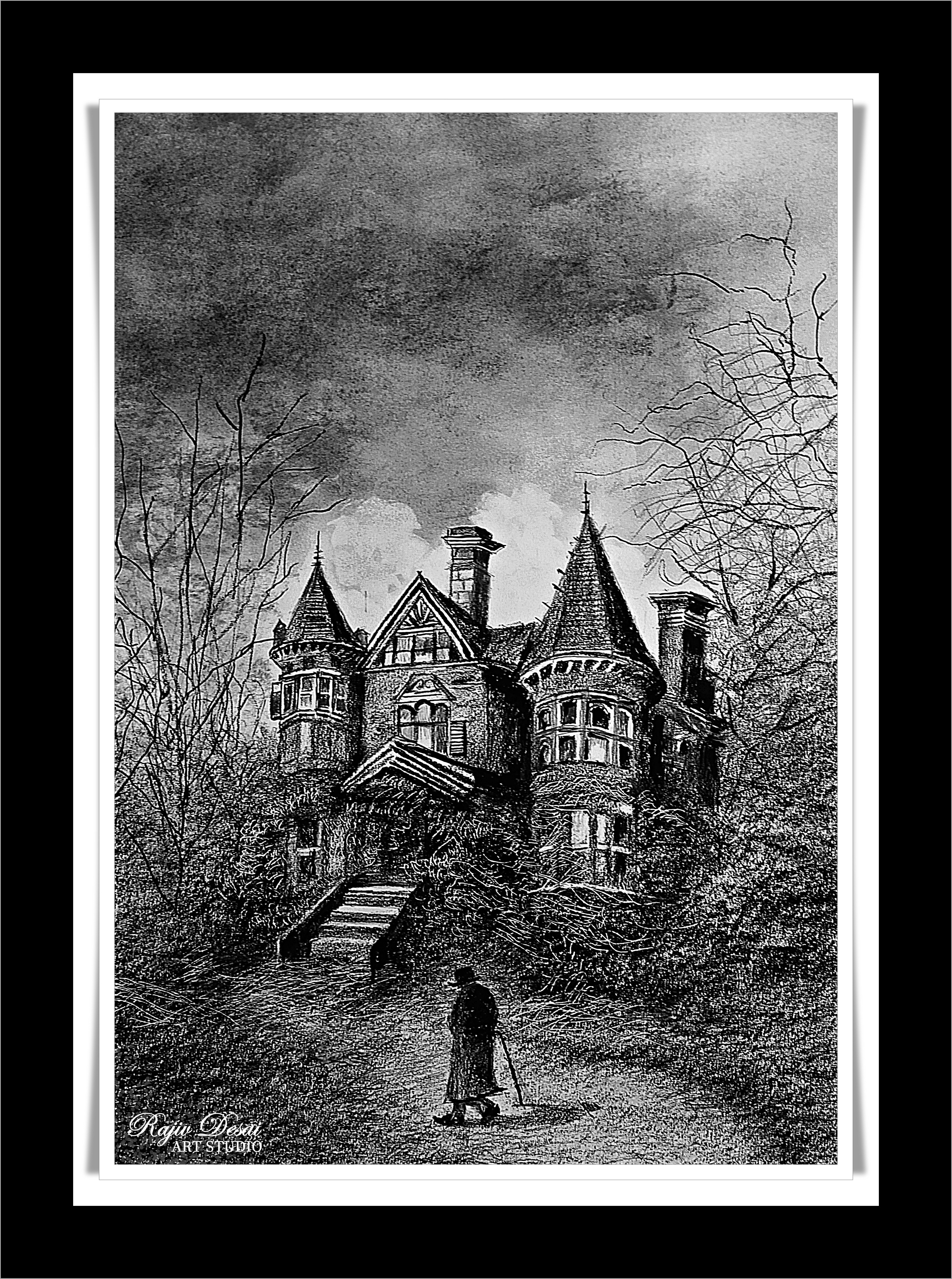 A sleuth at a mystrious abandoned mansion in the cloudy sky