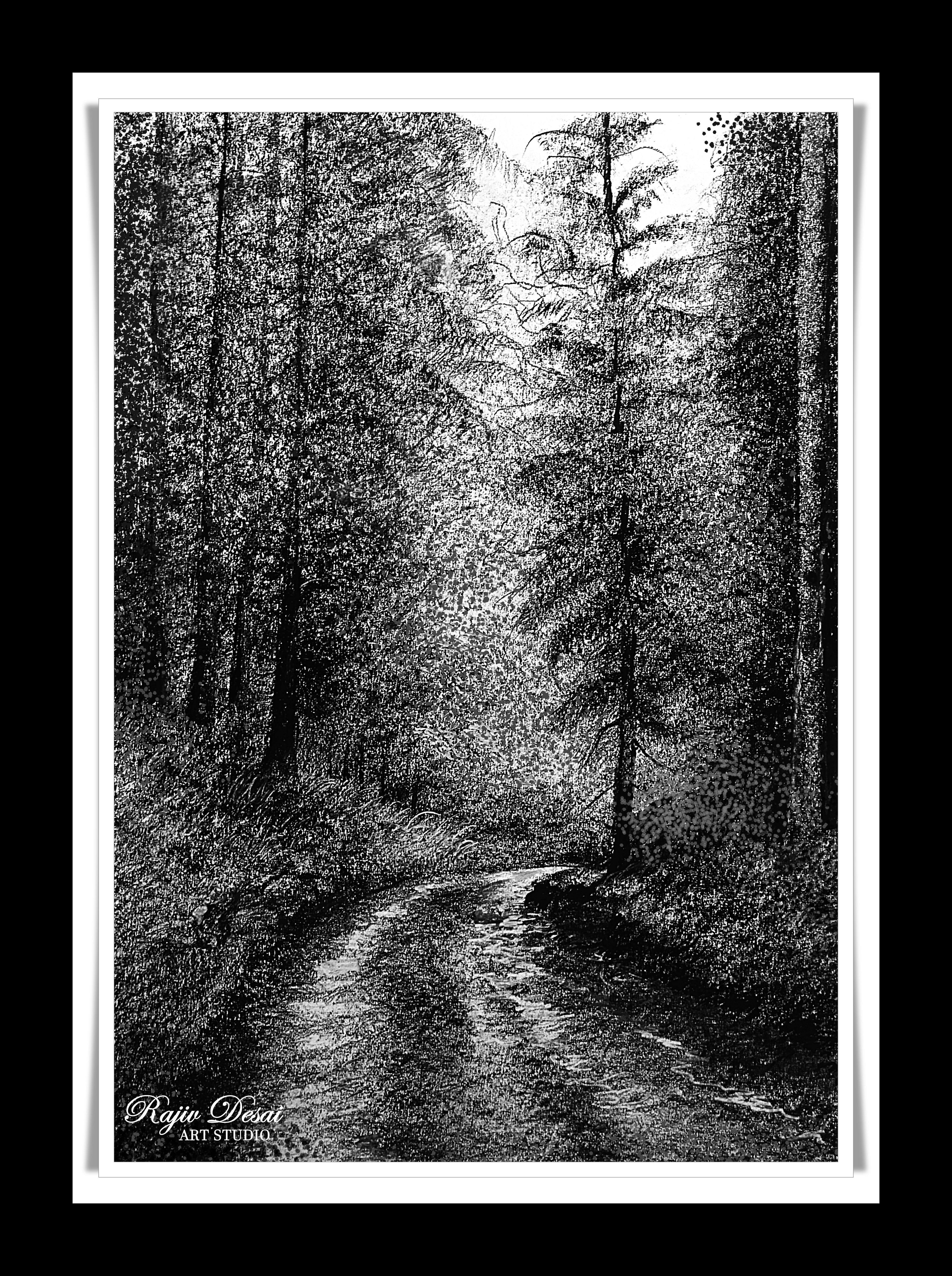 A wet road and surrounding shining after the rain