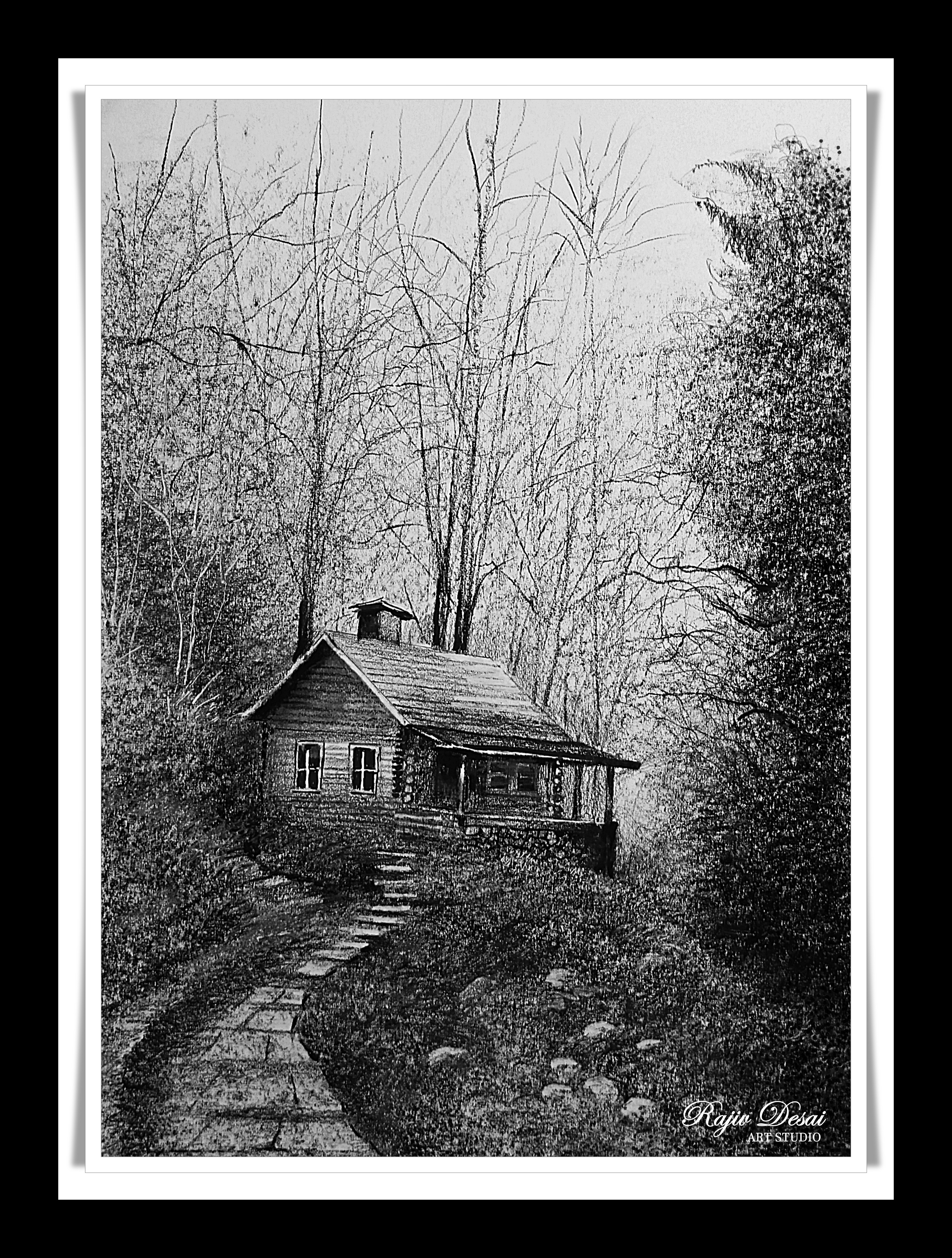 A deep dense location of forest; a cabin on the slope and narrow path having wibes of freshness and flavor