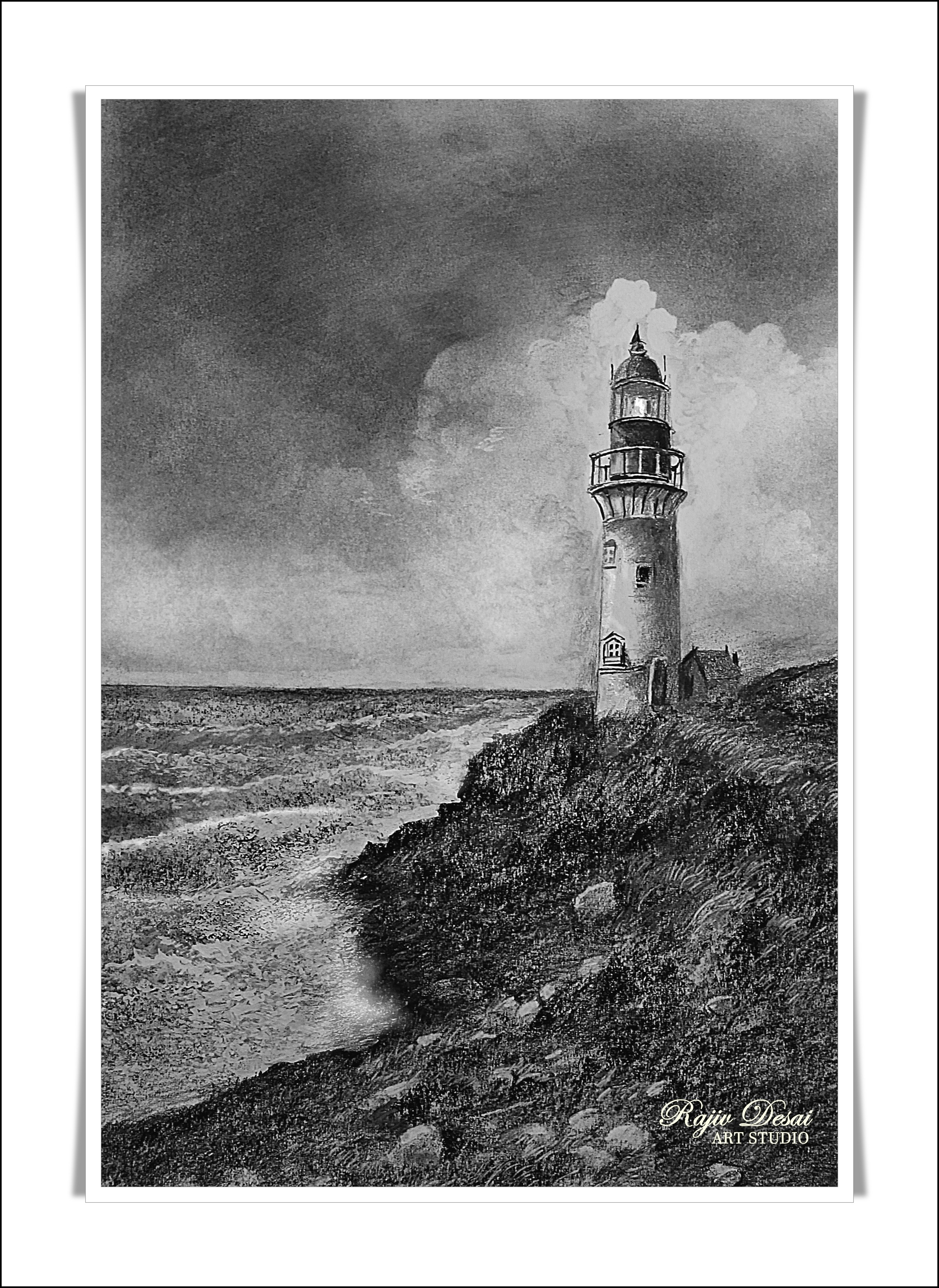 Sea shore with a view of light house, rocks and colliding waves