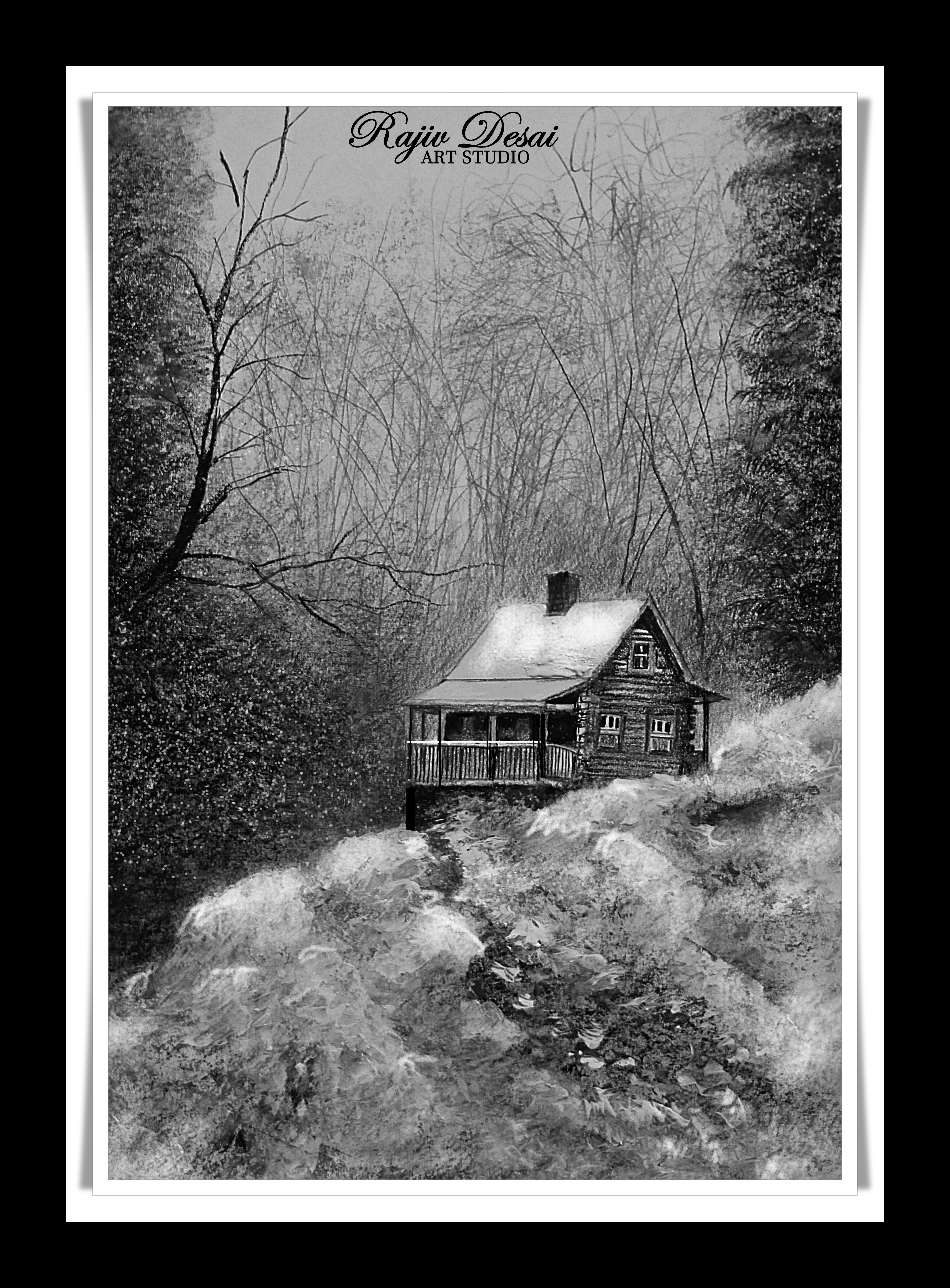 Glowing snow on the cabin and the entire area