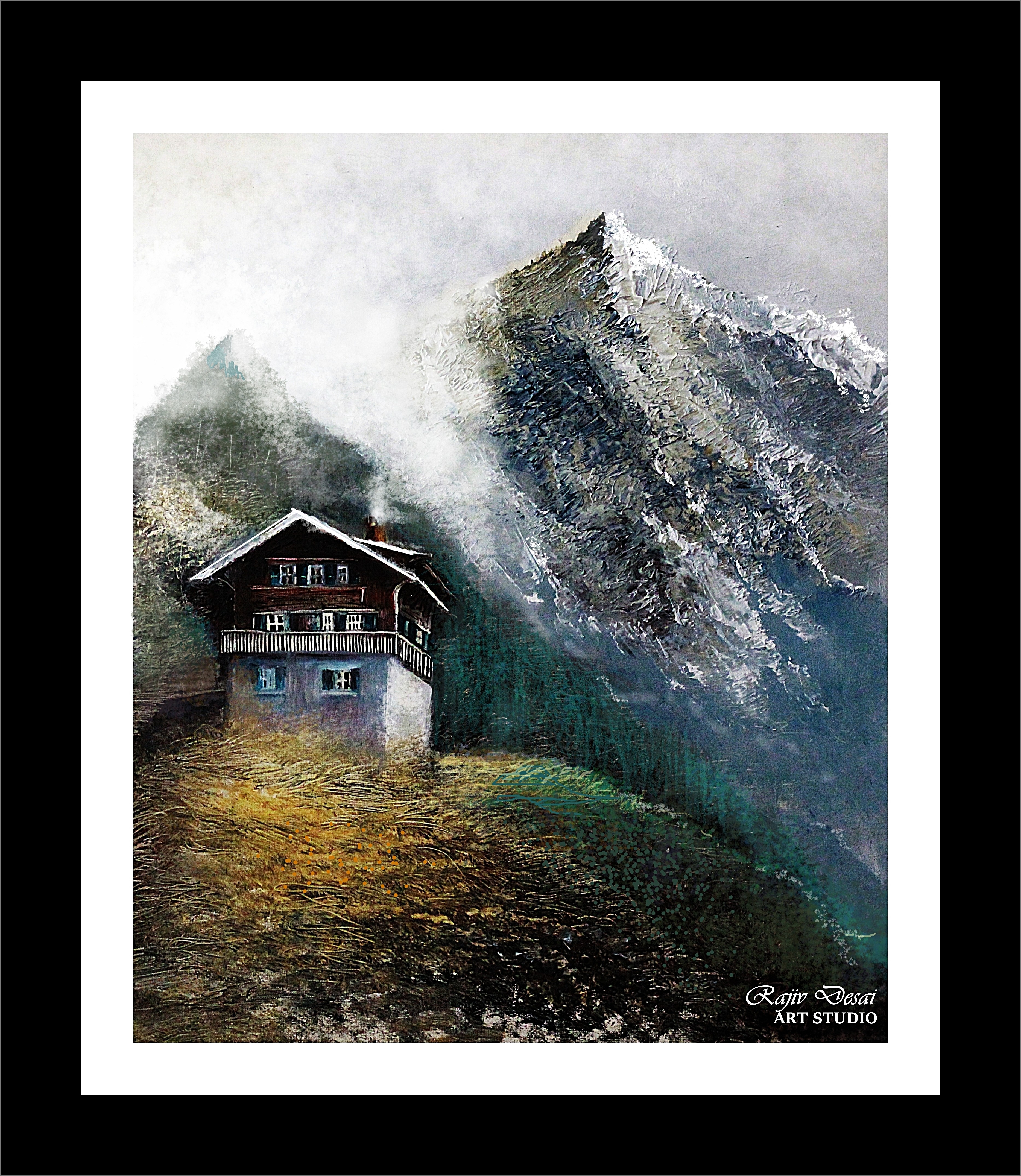 Snow clad mountains and clouds in the background of a hut and its exterior area